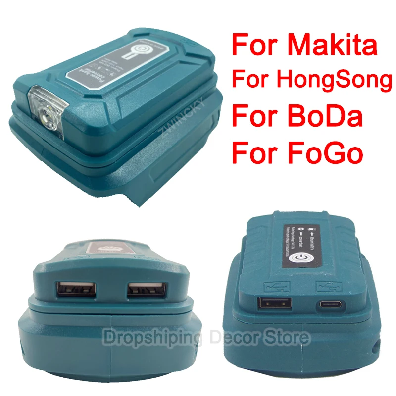 For Makita/HongSong/BoDa/FoGo 18V Li-ion Battery Adapter With LED Lamp Flashlight Dual USB Type C Mobile Phone Charger