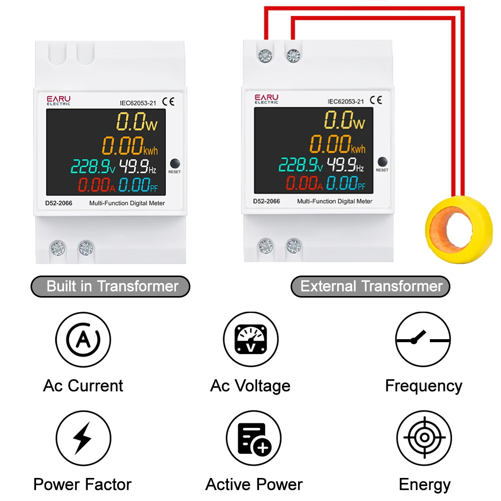 EARU 6IN1 Din Rail 110V 220V 380V 100A Voltage Current Frequency Power Factor Active Electric KWh Energy Meter Monitor Voltmeter