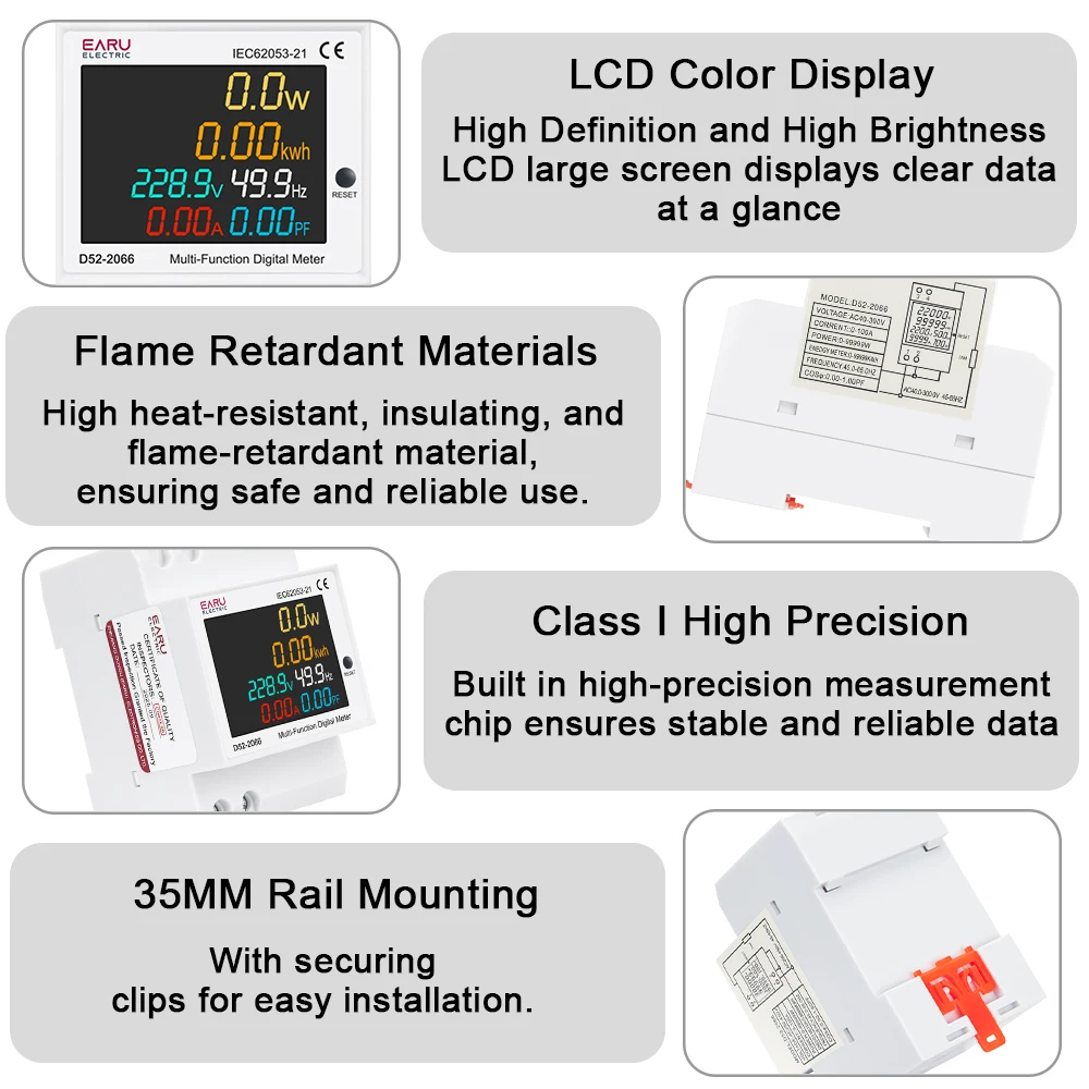 EARU 6IN1 Din Rail 110V 220V 380V 100A Voltage Current Frequency Power Factor Active Electric KWh Energy Meter Monitor Voltmeter
