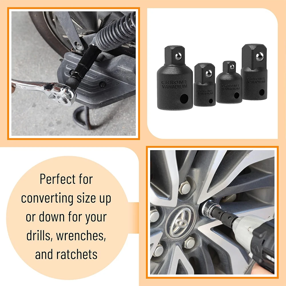 4PCS 1/2 3/8 1/4 inch Impact Socket Adapter Reducer Set Use Wrenches Drills in Auto and Impact Driver Construction Work