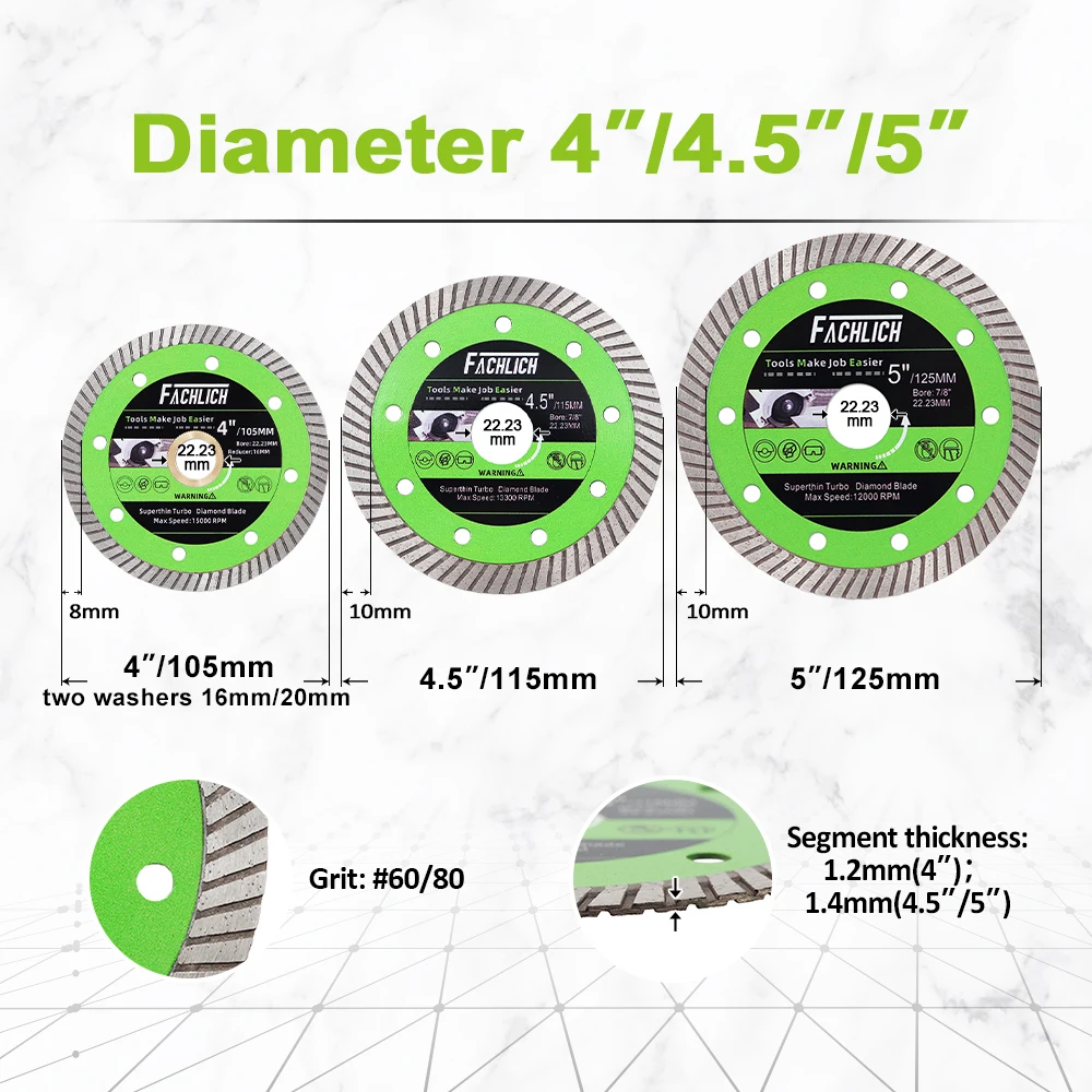 FACHLICH 1/2/5pcs 4/4.5/5inch Super-Thin Turbo Cutting Saw Blades Ceramic Tile Granite Marble Cutting Disc 105/115/125mm