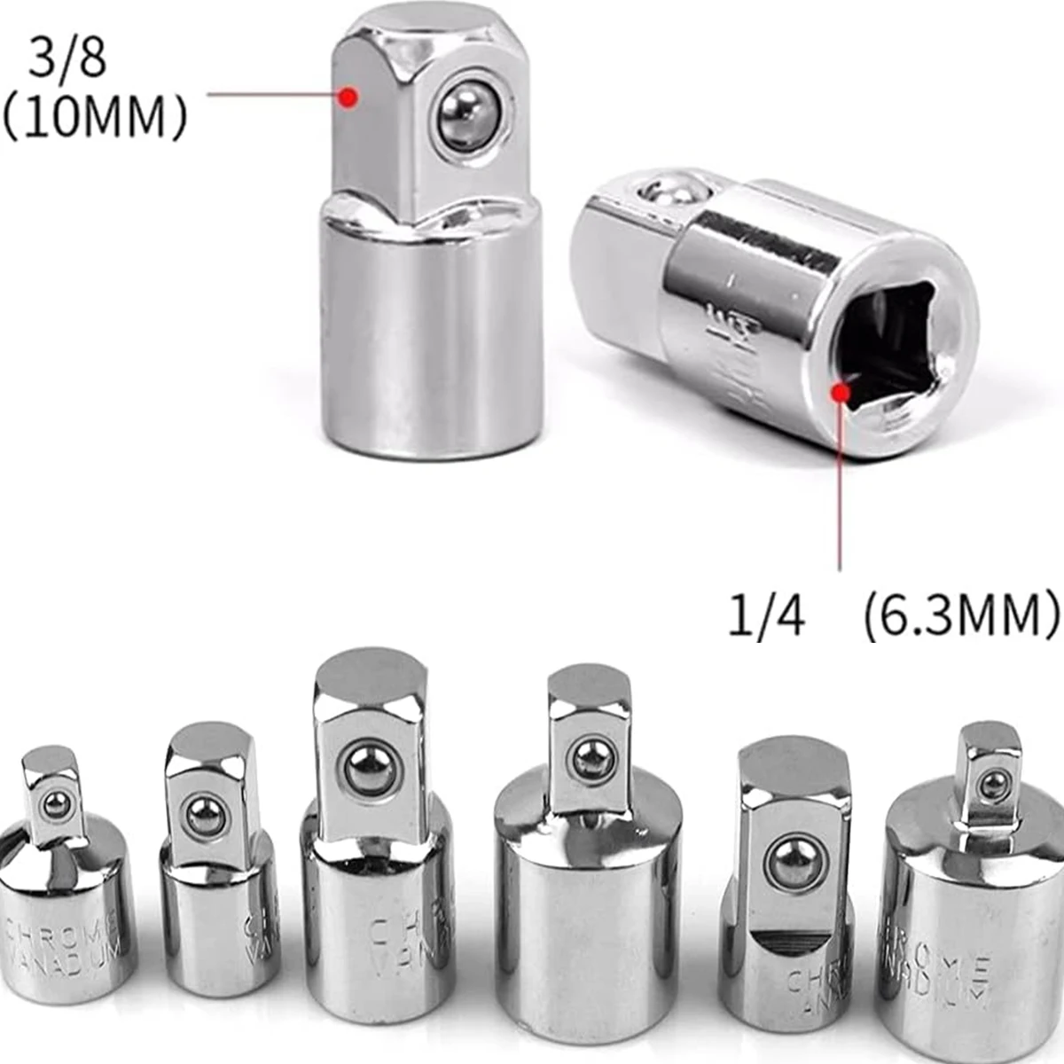 6pcs Ratchet Wrench Socket Converter Sleeve Head Adapter 1/2 " To 3/8" To 1/4 "Stainless Steel To 1/4" To 1/2 "To 3/8"