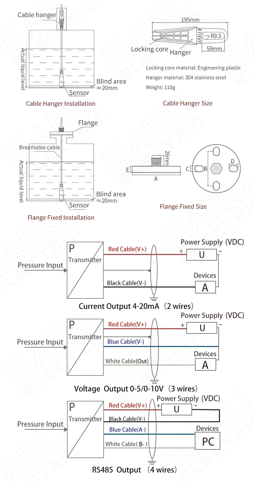 EARU 4-20mA 0-5V 0-10V 0-10M Oil Liquid Water Level Sensor Transmitter Probe Pump Controller Float Switch for Water Tank Pool
