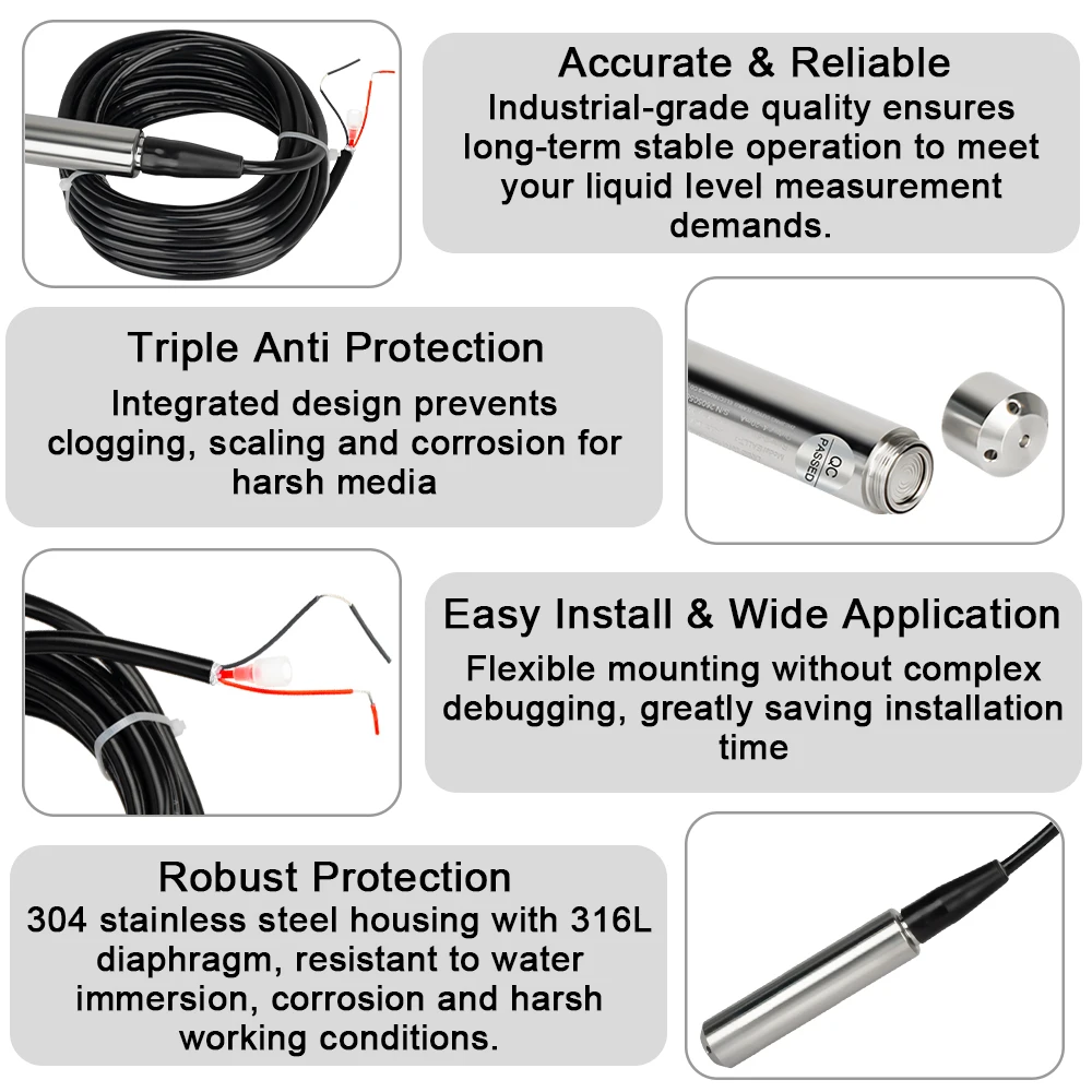 EARU Level Sensor 4-20mA 0-5V 0-10V Output Liquid Level Transmitter Water Level Sensor Probe Detector Controller Float Switch