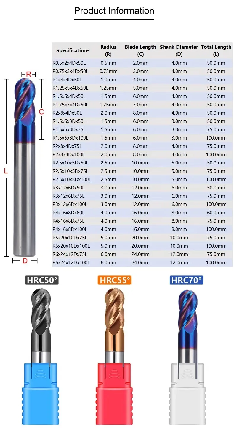 AZZKOR HRC50/55/70 For Steel Material Endmills 4-Flute Ball End Mill Tungsten Carbide CNC Milling Cutter Tools R0.5-R6.0mm
