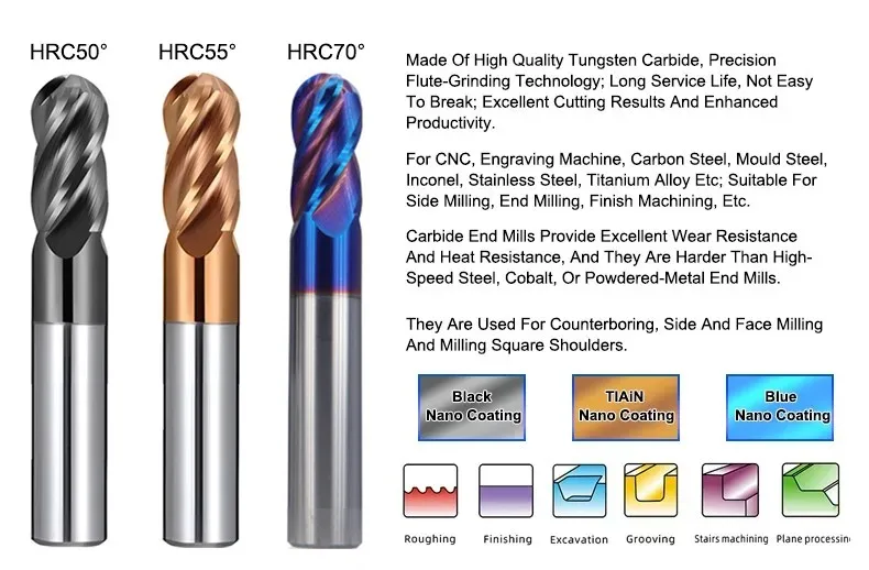 AZZKOR HRC50/55/70 For Steel Material Endmills 4-Flute Ball End Mill Tungsten Carbide CNC Milling Cutter Tools R0.5-R6.0mm