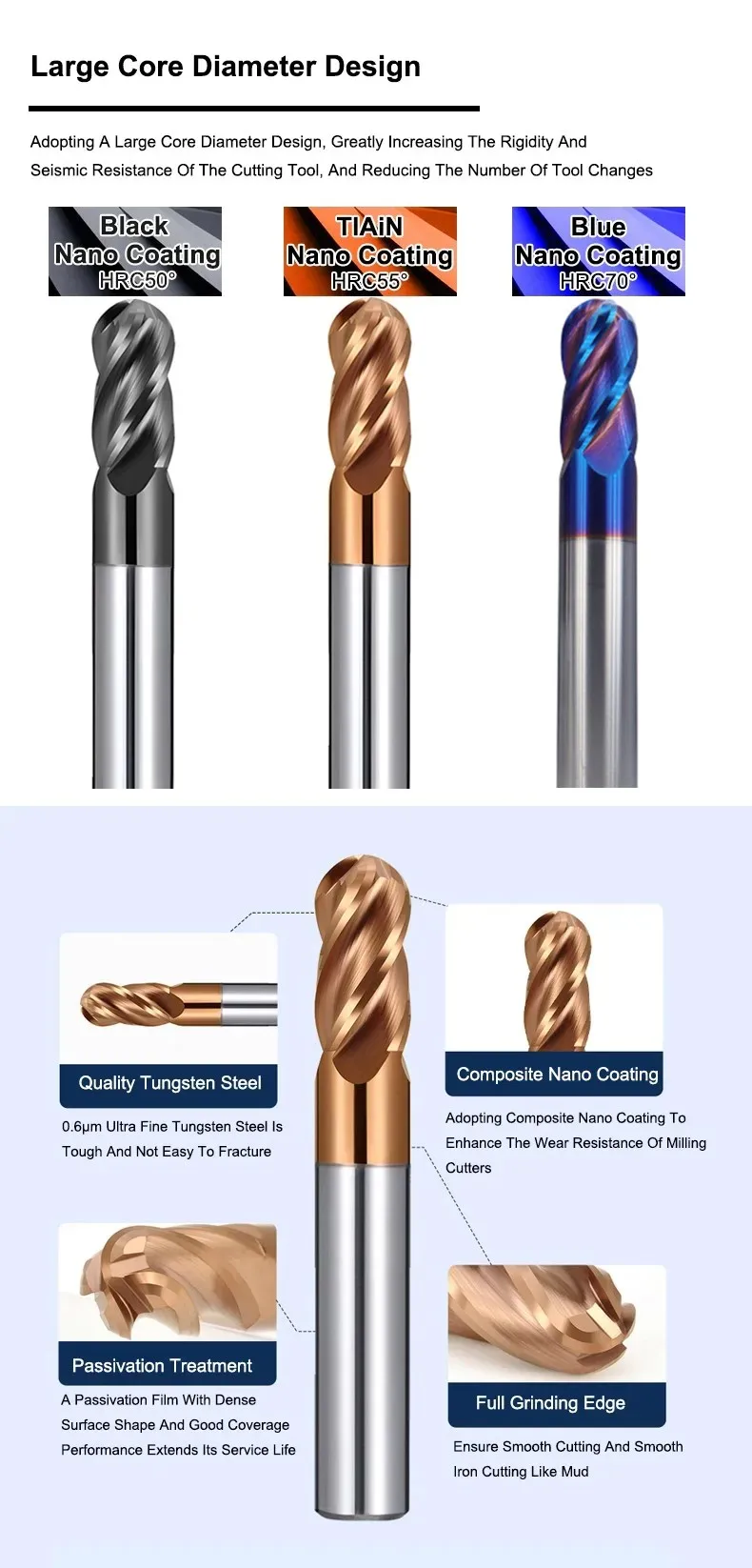 AZZKOR HRC50/55/70 For Steel Material Endmills 4-Flute Ball End Mill Tungsten Carbide CNC Milling Cutter Tools R0.5-R6.0mm