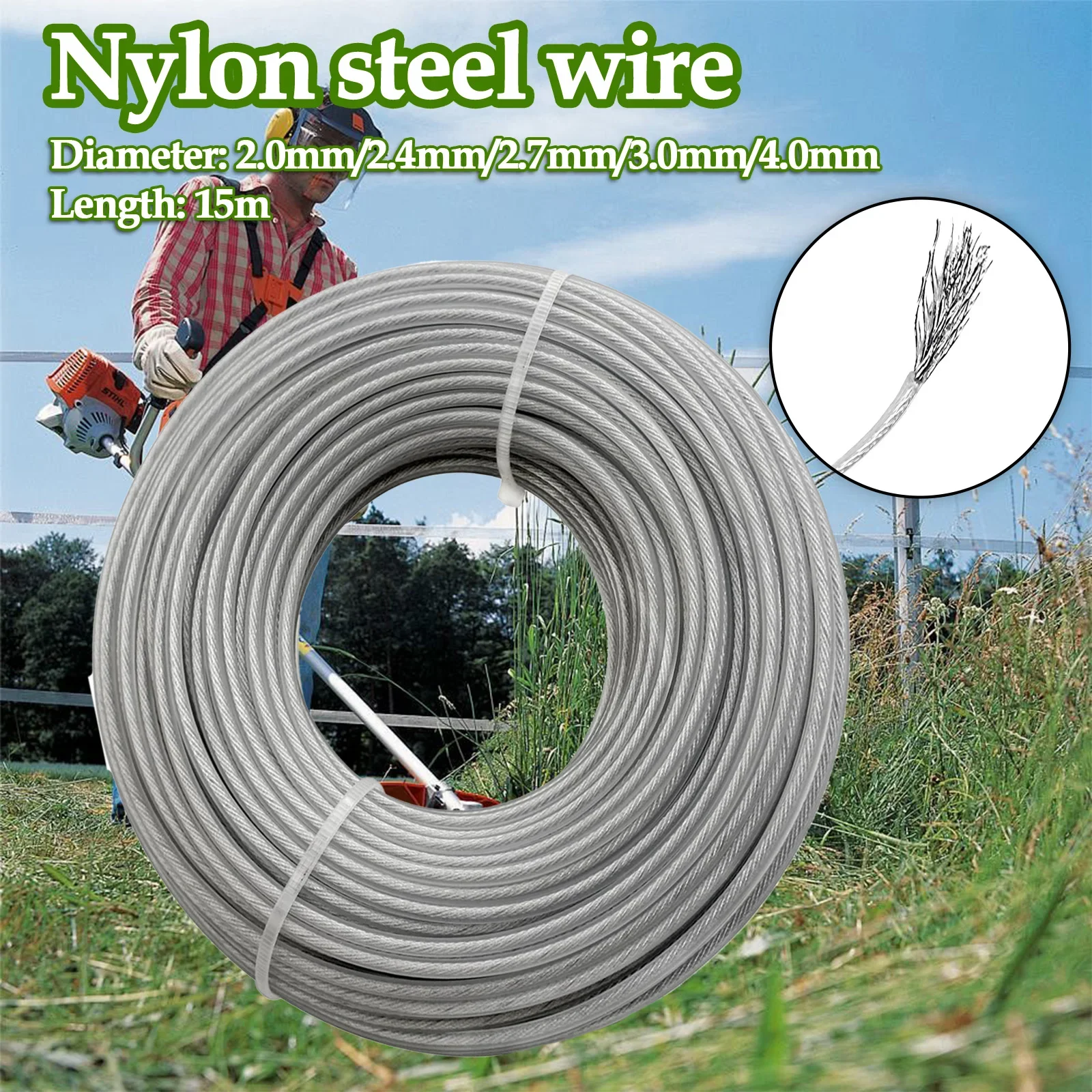 2.0/2.4/2.7/3.0/4.0mm*15m Steel Wire Nylon Grass Trimmer Line Round Brushcutter Trimmer Rope Brush Cutter Wires Rope Accessories