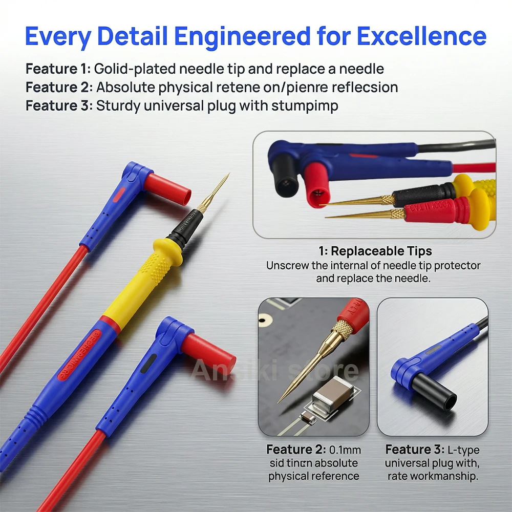 MECHANIC RP15 Multimeter Pen 1000V 20A Probes with Replaceable 0.1/0.2mm Needles Soft Silicone Wire for Electronic Repair