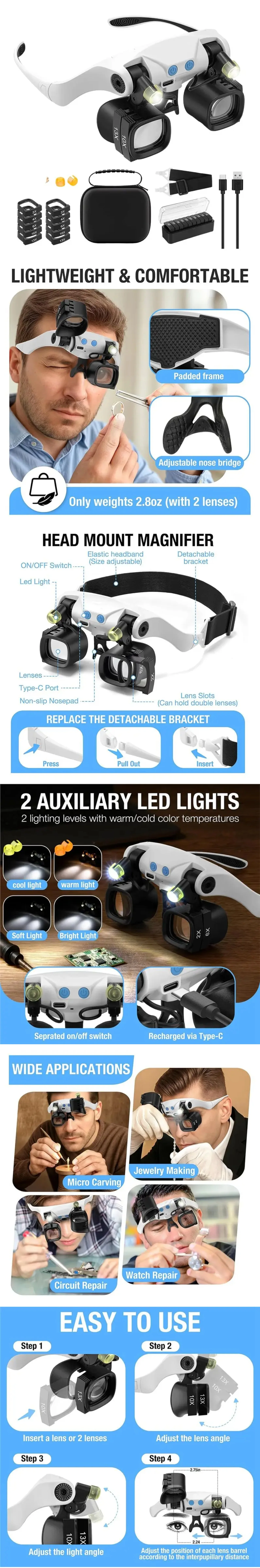 ABUP-Jewelers Magnifying Glass For Close Work, Glasses With Light& 5 Interchangeable Lens Pairs(2X 4X 6X 10X 13X), Includes Head