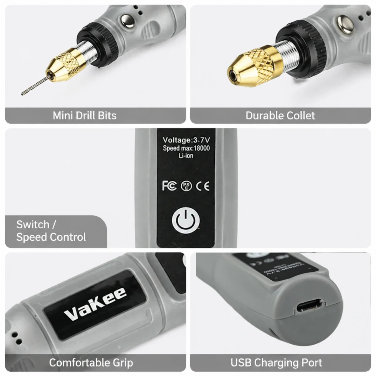 Vakee 16000RPM Rotary Tool, 3.7V USB Rechargeable Mini Grinder Pen, Portable Electric Tool for DIY Craft, Jewelry Makin