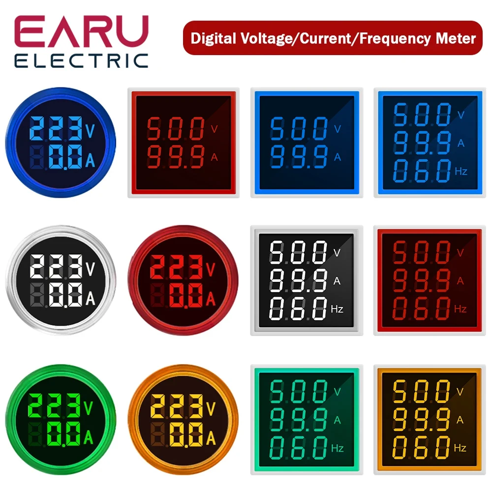 EARU 22MM AC 20-500V 0-100A LED Digital Voltmeter Ammeter Hertz Meter Signal Lights 220V Voltage Current Meter Volt Amp Tester