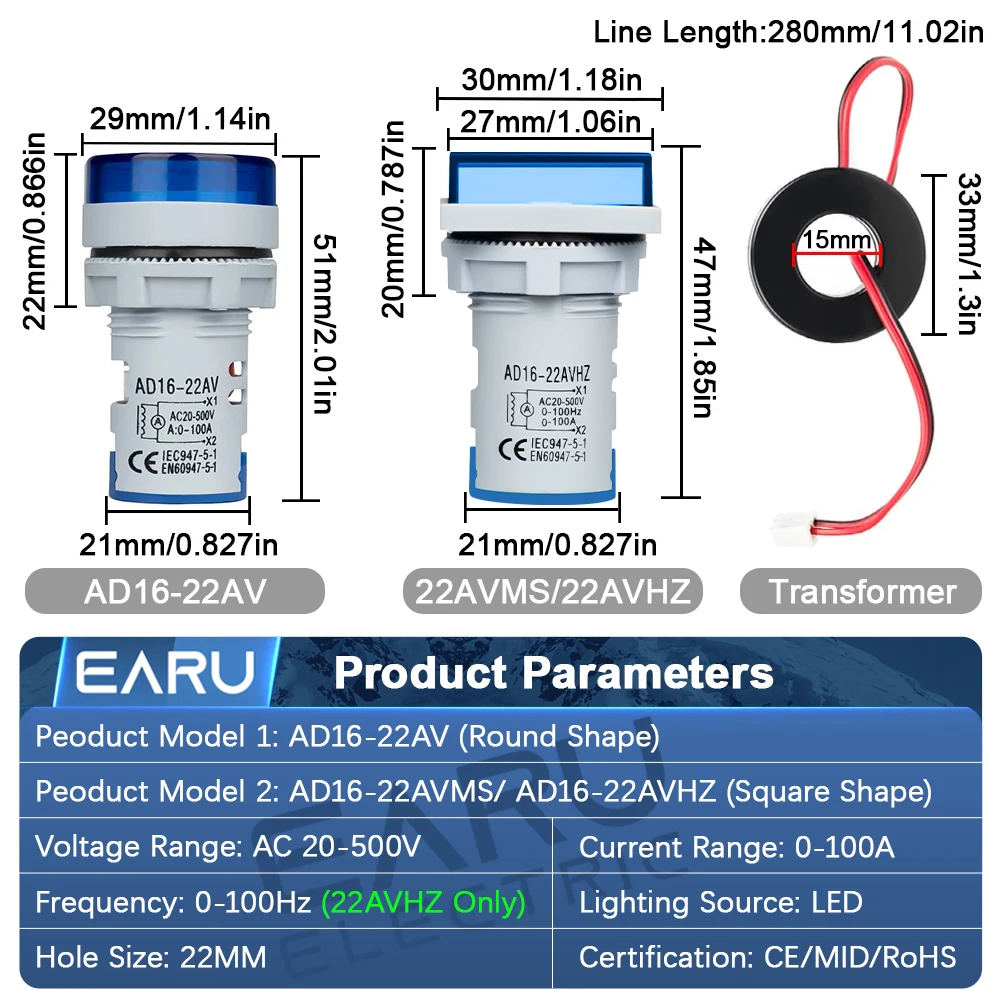 EARU 22MM AC 20-500V 0-100A LED Digital Voltmeter Ammeter Hertz Meter Signal Lights 220V Voltage Current Meter Volt Amp Tester