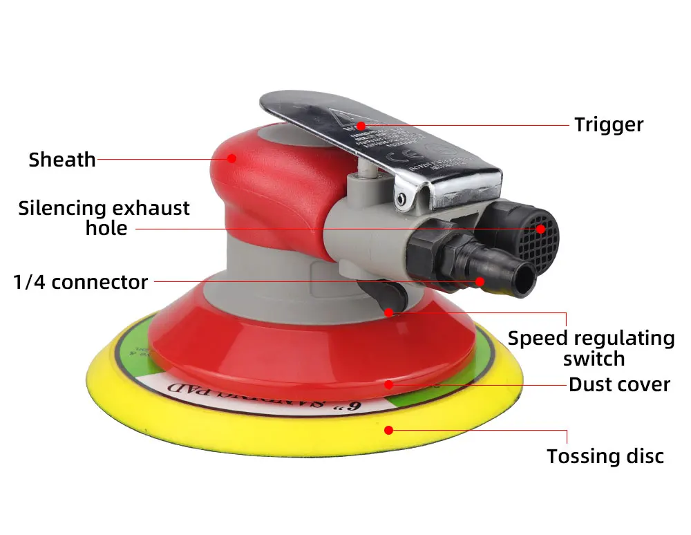 HIFESON 5/6 inch Pneumatic Air Orbital Sander 125/150mm Air Sanding Machine Polisher Air Tool Car Woodworking Metal Polishing