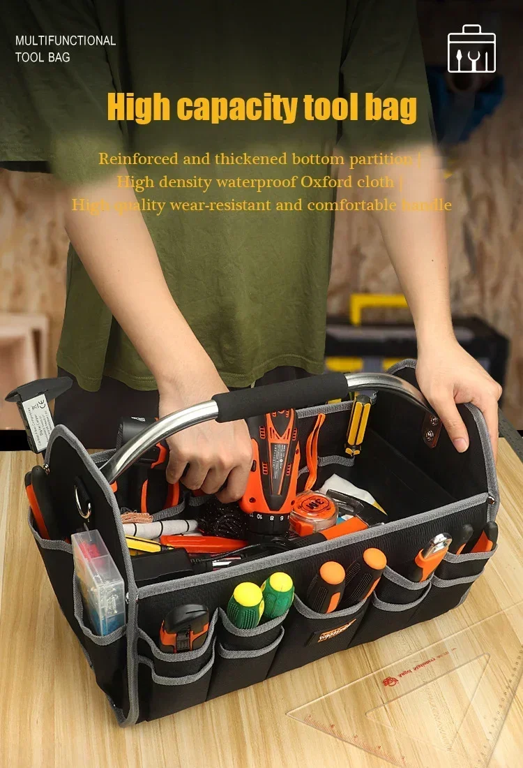 1680D Oxford Cloth Tool Bag Iron Tube Multifunctional Electrician Tools Storage Large Capacity Woodworking Handbag Toolbag