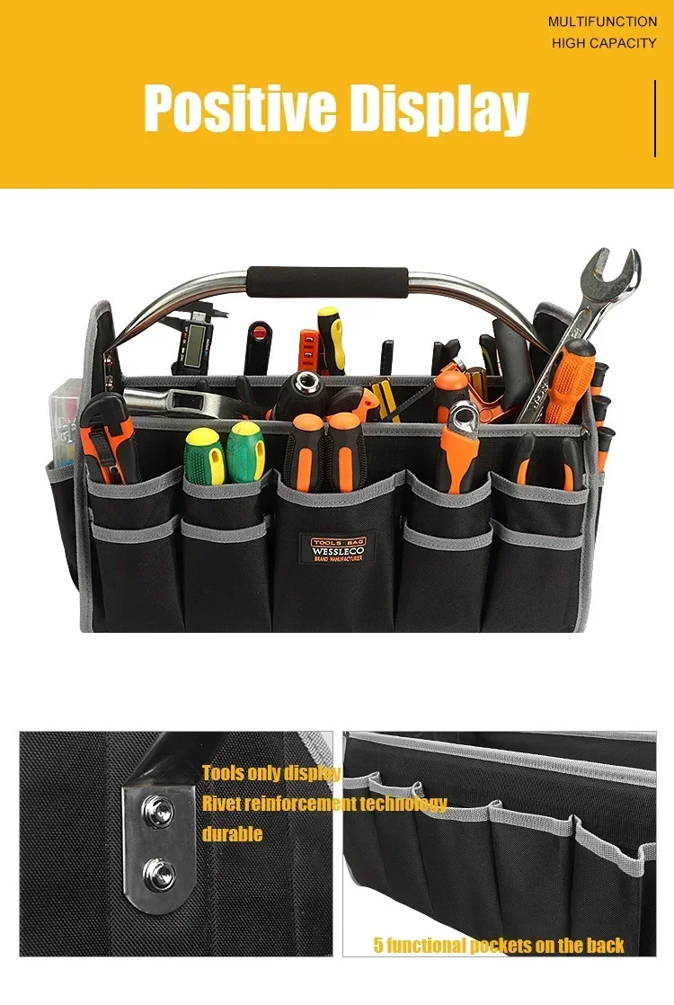 1680D Oxford Cloth Tool Bag Iron Tube Multifunctional Electrician Tools Storage Large Capacity Woodworking Handbag Toolbag