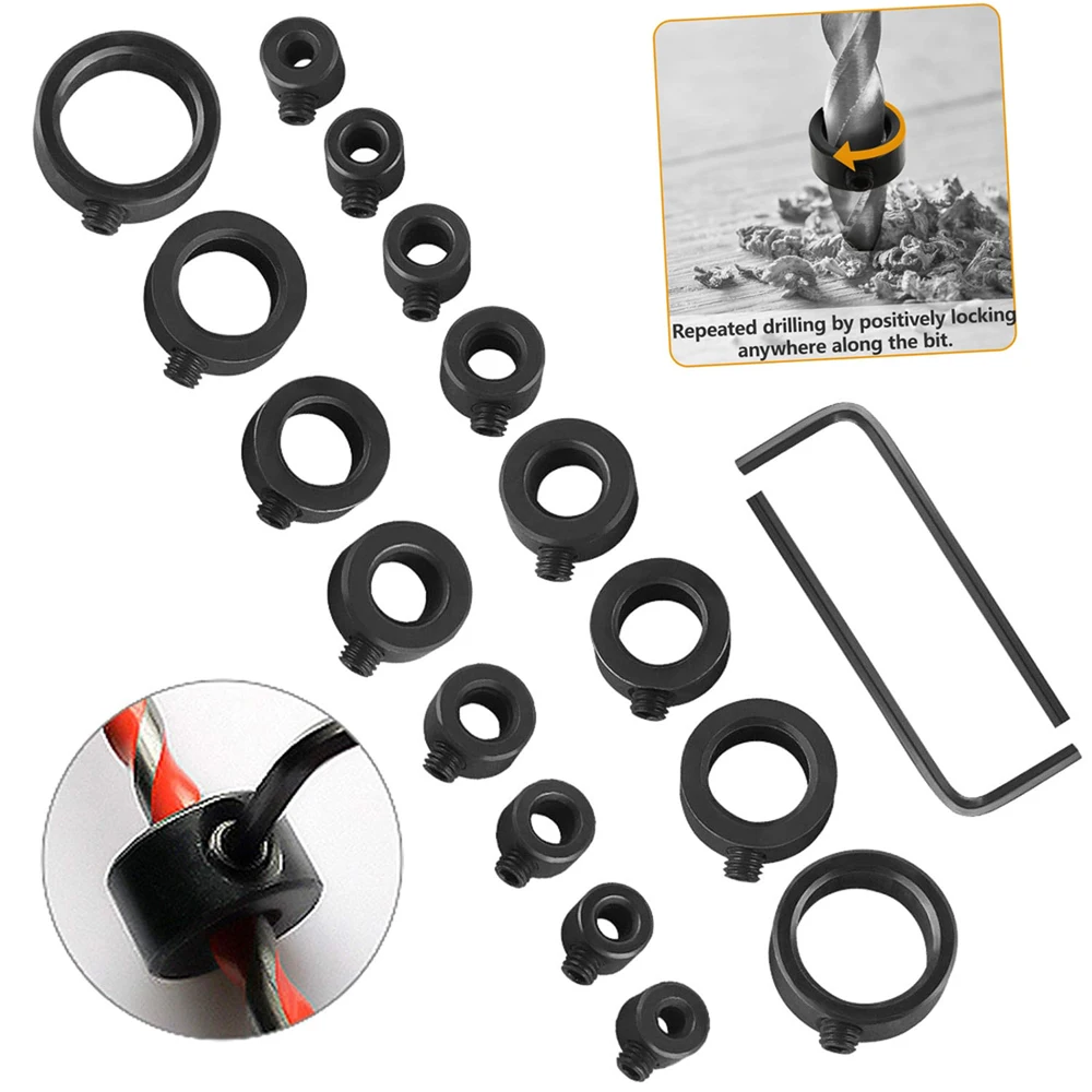 New Drill Depth Stop Bit Collar Set Adjustable Positioner Limit Ring Allen Wrench Tighten Stopper Set-Screws Woodworking Tool