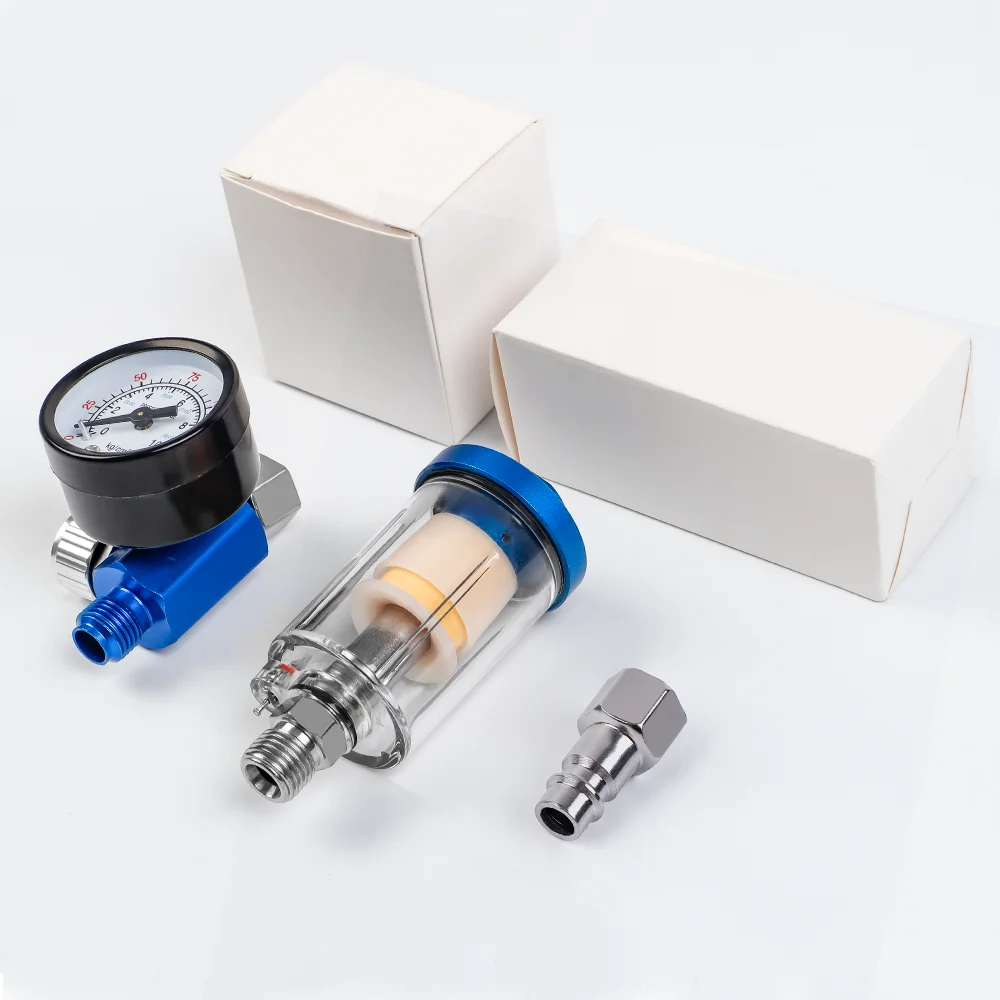 1/4-Inch In-line Oil Water Separator Filter Separator Spray Gun Air Regulator Pressure Gauge with EU Adapter for Air Tool