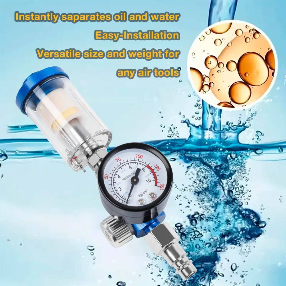 1/4-Inch In-line Oil Water Separator Filter Separator Spray Gun Air Regulator Pressure Gauge with EU Adapter for Air Tool