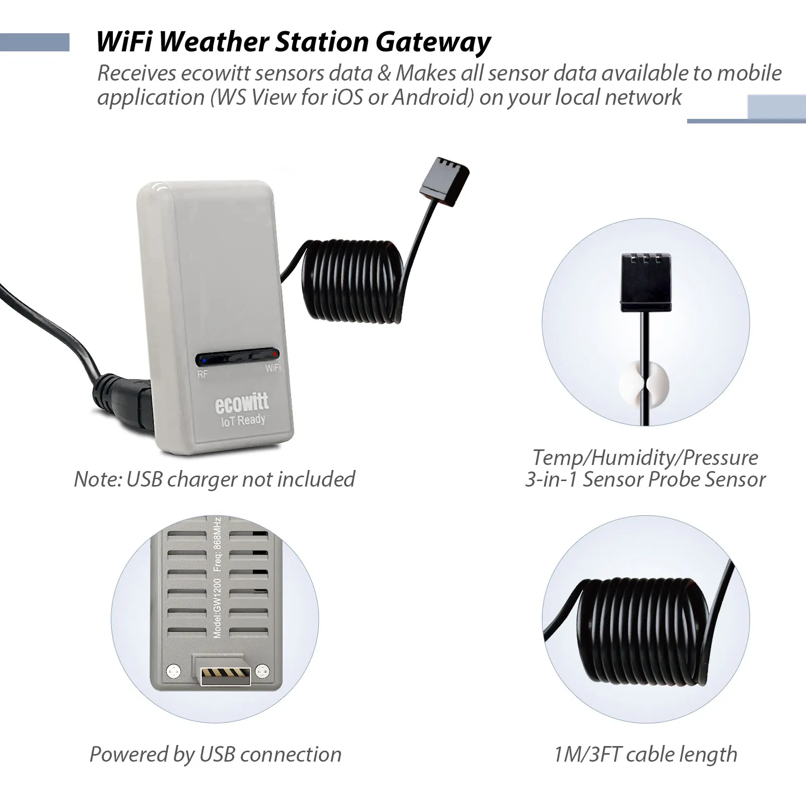 Ecowitt GW1200 Wi-Fi Hub Gateway - Built-in Thermometer Hygrometer Barometric Pressure Sensor, Support IoT Device WFC01 & AC1100