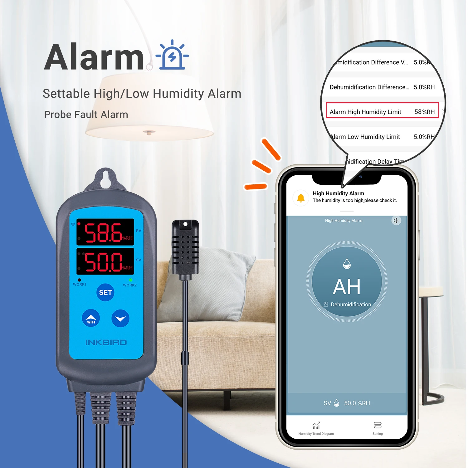 INKBIRD IHC-200/IHC-200-Wifi Humidity Controller Smart App Control Dual Digital Display Hygrometer Socket with High Low Alarm