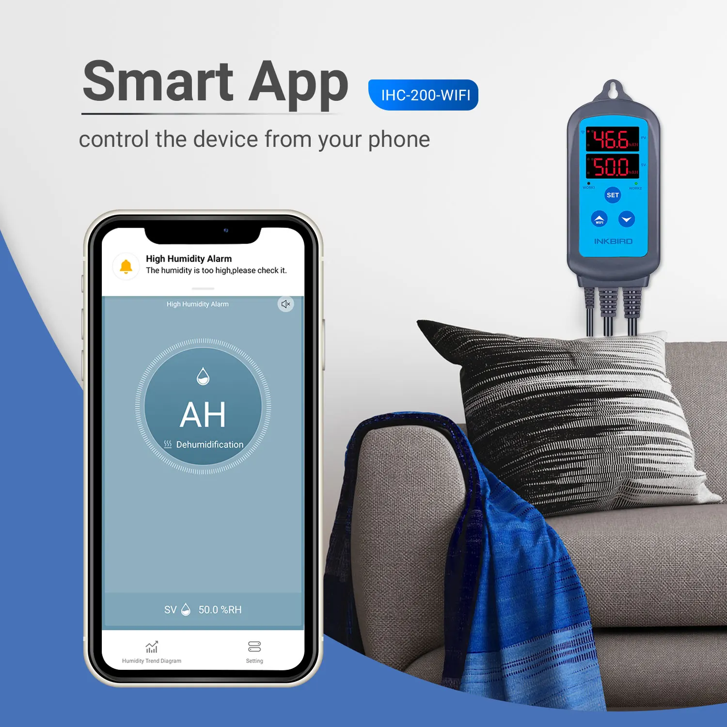 INKBIRD IHC-200/IHC-200-Wifi Humidity Controller Smart App Control Dual Digital Display Hygrometer Socket with High Low Alarm