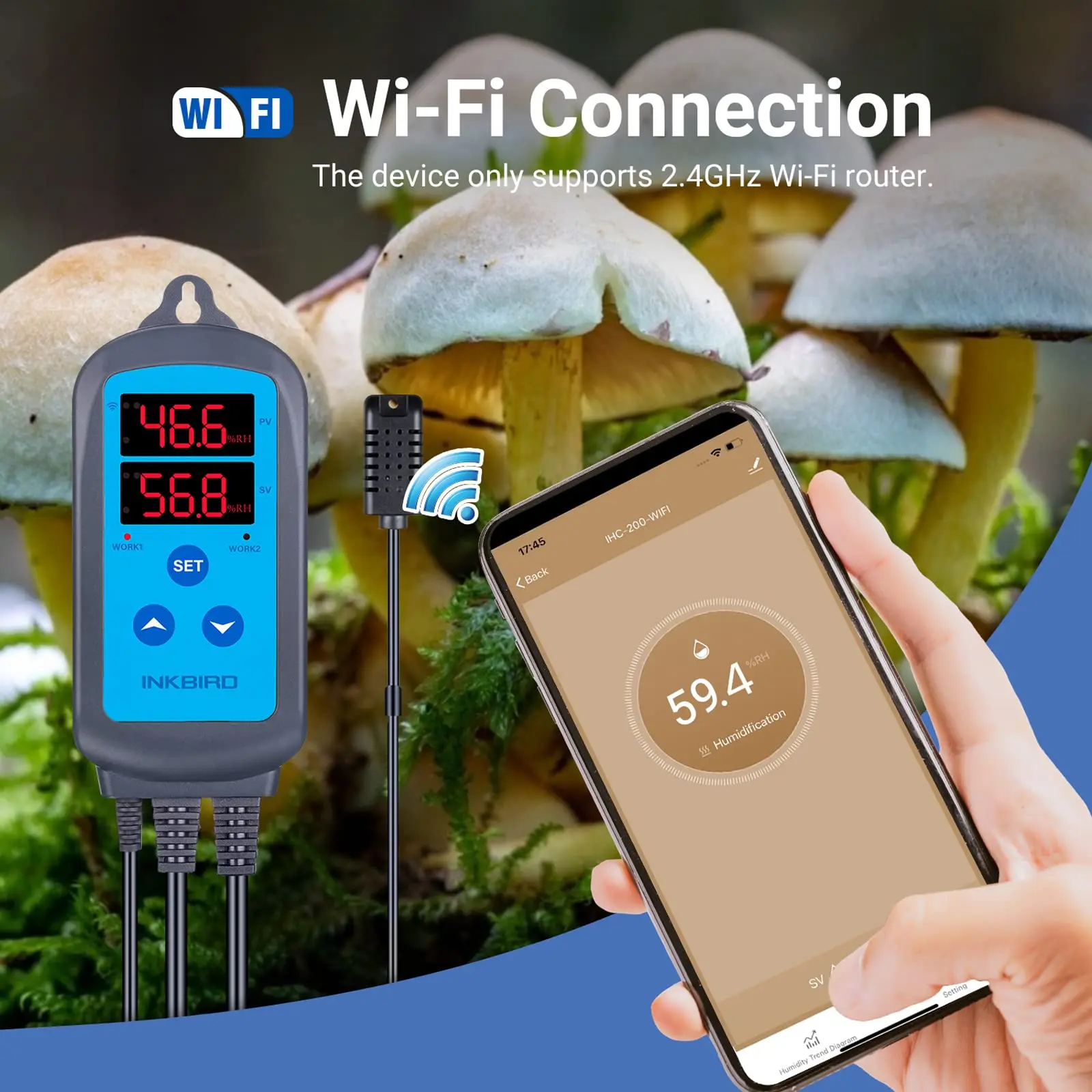 INKBIRD IHC-200/IHC-200-Wifi Humidity Controller Smart App Control Dual Digital Display Hygrometer Socket with High Low Alarm