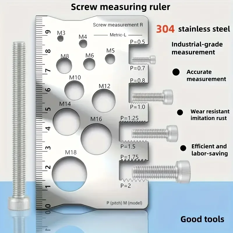 304 Stainless Steel Screw Measuring Gauge Set - Precision Thread Pitch & Bolt Size Caliper Tool | M12 Diameter Ruler | Ideal Fat