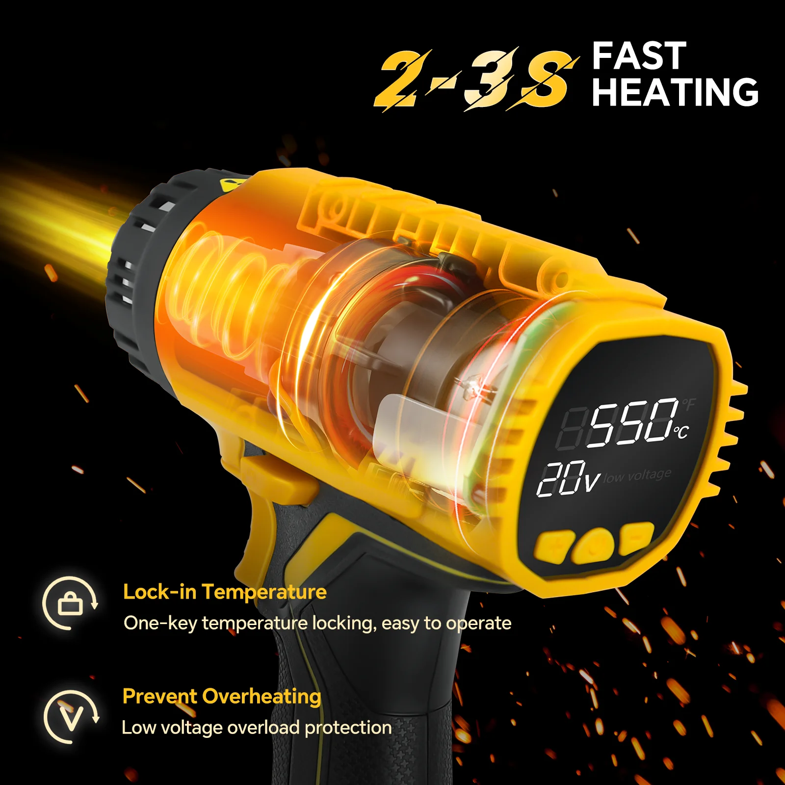 400W Cordless Heat Gun Adjustable Temperature 50℃-550℃ Fast Heating Hot Air Gun Shrink Wrapping for Dewalt 20V Battery Pin