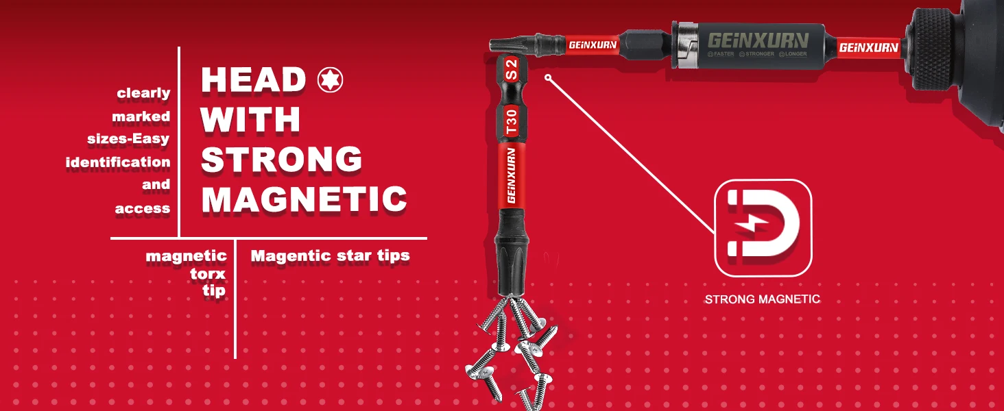 Geinxurn 2 Inches Impact Tough Magnetic Power Bit Set(T30),Torx Head Power Bits,S2 Alloy Steel Star T30 Screwdriver Bits Set