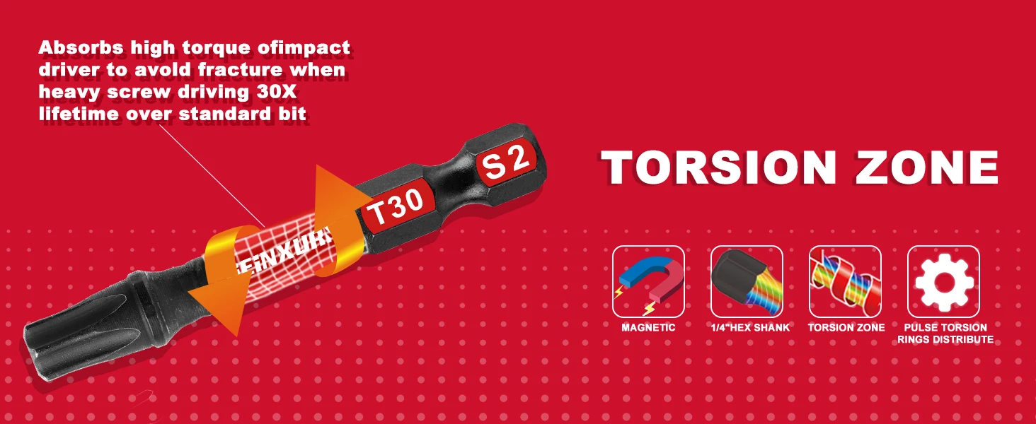 Geinxurn 2 Inches Impact Tough Magnetic Power Bit Set(T30),Torx Head Power Bits,S2 Alloy Steel Star T30 Screwdriver Bits Set