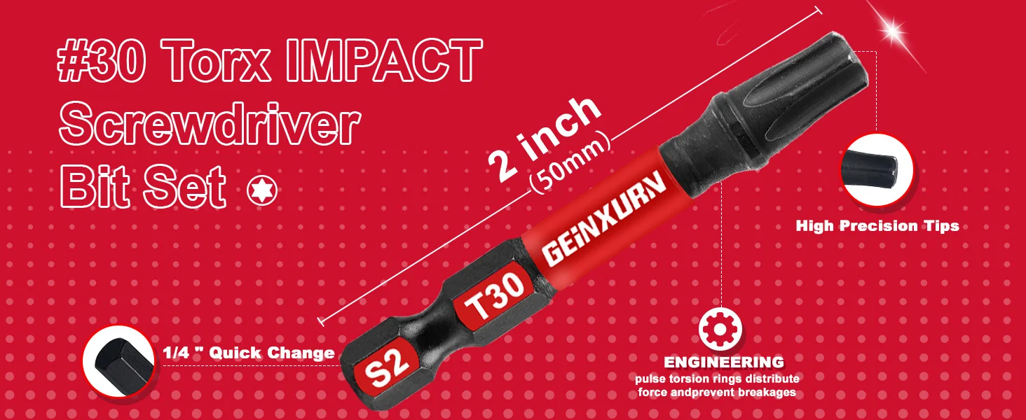 Geinxurn 2 Inches Impact Tough Magnetic Power Bit Set(T30),Torx Head Power Bits,S2 Alloy Steel Star T30 Screwdriver Bits Set