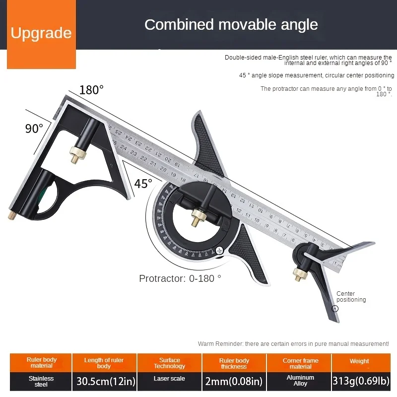12" Professional Resolution Adjustable Stainless Steel Angle Combination Square Ruler