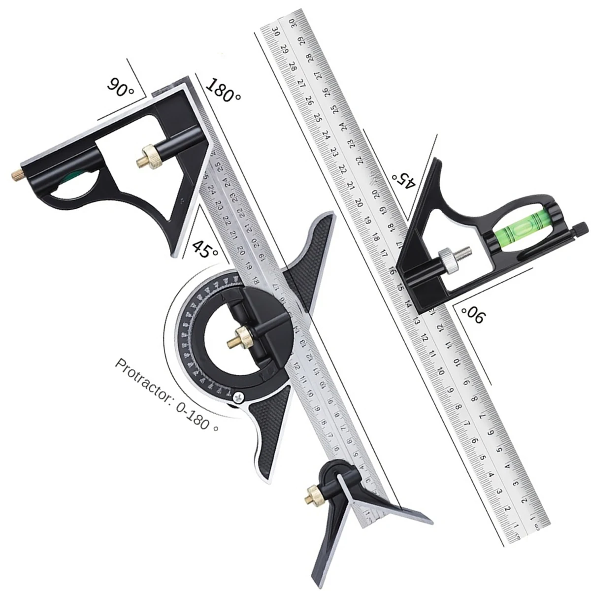 12" Professional Resolution Adjustable Stainless Steel Angle Combination Square Ruler