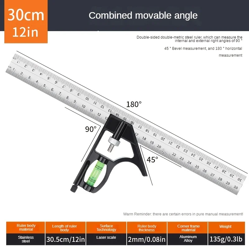 12" Professional Resolution Adjustable Stainless Steel Angle Combination Square Ruler