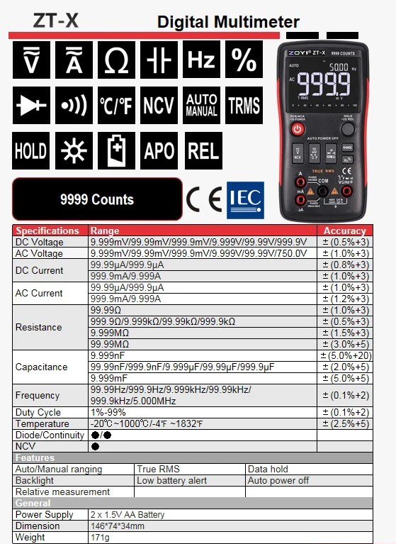 Digital Multimeter ZOYI ZT-X ZT-303 T-RMS Auto Range EBTN LCD DC AC Voltmeter Ammeter Current Capacitor Ohm Temp Hz NCV Tester