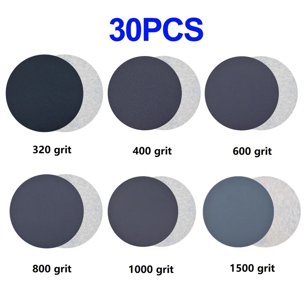 30Pcs 3inch 75mm Sanding Discs Wet/Dry Sandpaper 320, 400, 600, 800, 1000, 1500 Grit High Quality Sand Carabiner Round Sand Tray