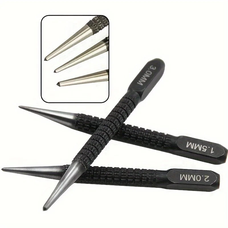 3pcs High-carbon Steel Center Punch Set, Non-Slip Center Pin Punch Used For Drilling Of Alloy Steel Metal Wood,1.5/ 2 /3mm