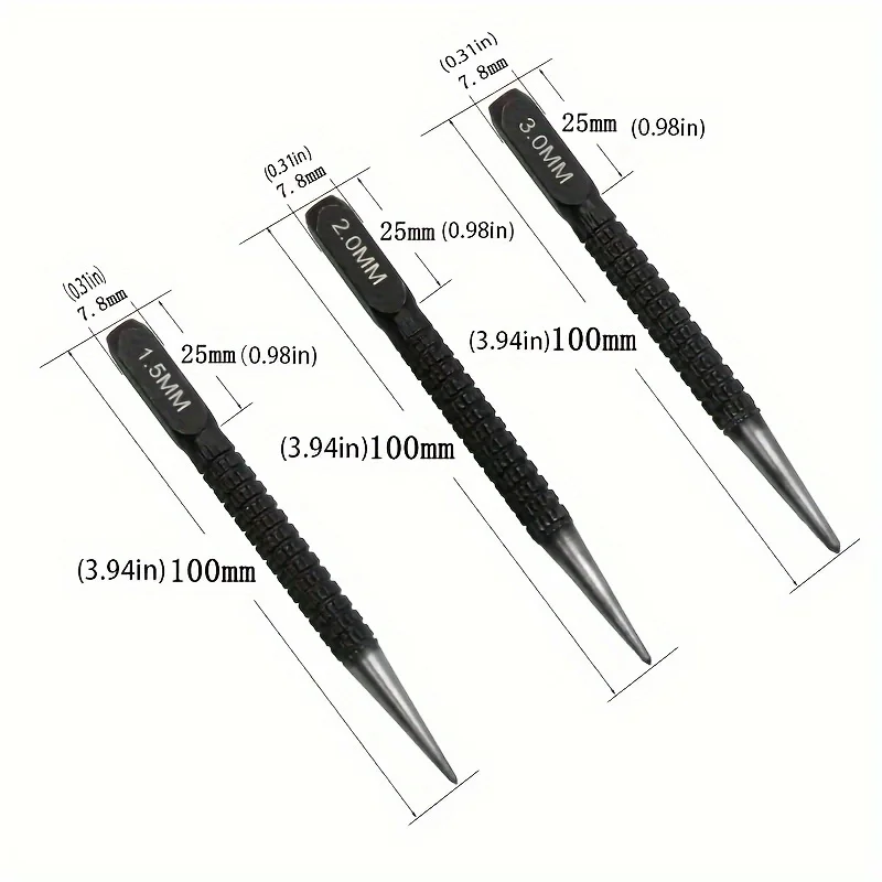 3pcs High-carbon Steel Center Punch Set, Non-Slip Center Pin Punch Used For Drilling Of Alloy Steel Metal Wood,1.5/ 2 /3mm