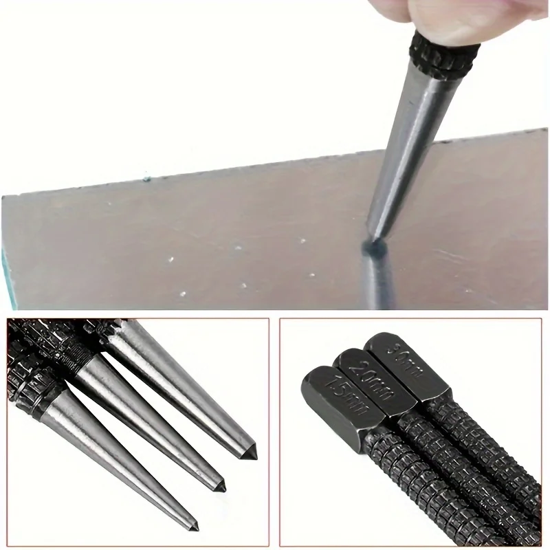 3pcs High-carbon Steel Center Punch Set, Non-Slip Center Pin Punch Used For Drilling Of Alloy Steel Metal Wood,1.5/ 2 /3mm