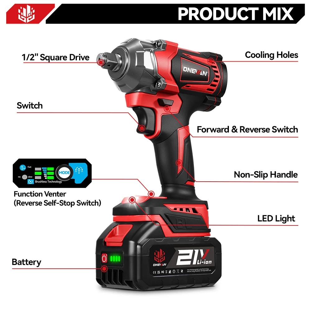 ONEVAN 21V Brushless Electric Impact Wrench 1200 N.m Cordless Wrench Electric Screwdriver Power Tool For Makita 18V Battery Pin