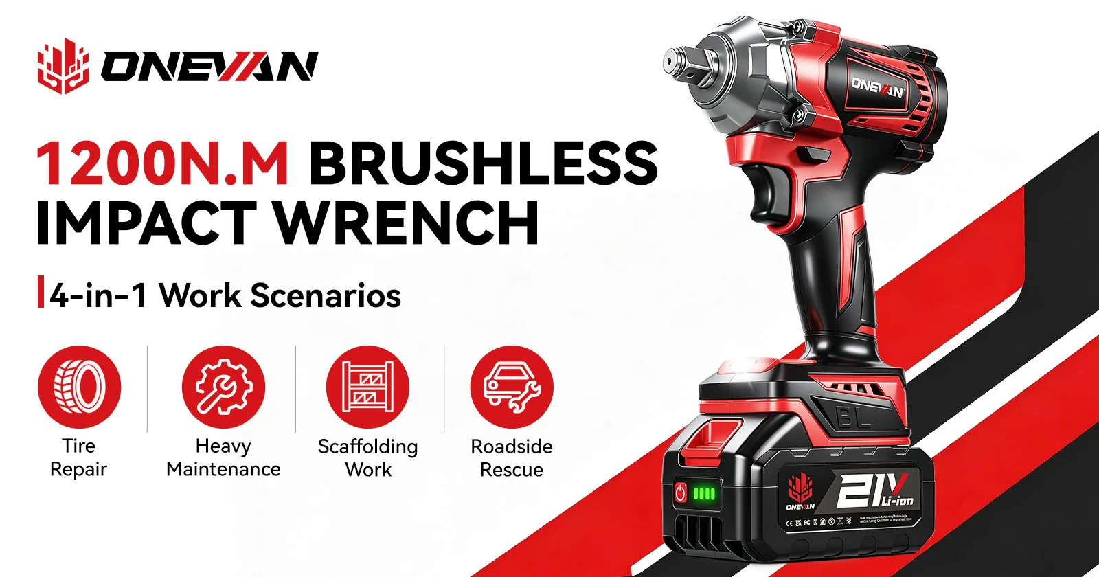 ONEVAN 21V Brushless Electric Impact Wrench 1200 N.m Cordless Wrench Electric Screwdriver Power Tool For Makita 18V Battery Pin