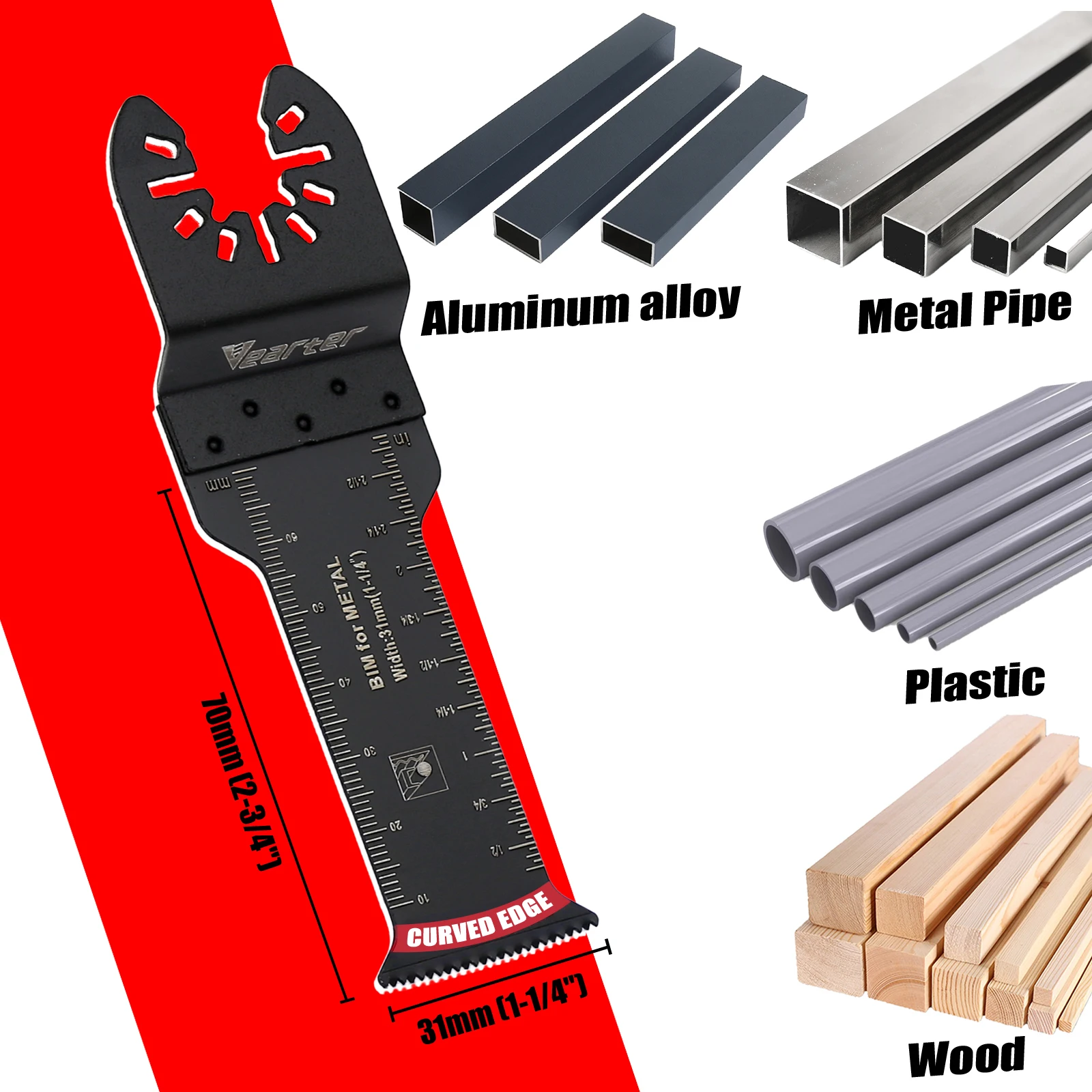 Vearter 7Pack 31mm Bi-Metal Extra Long Oscillating Saw Blade, Curved Edge Precision Cutting For Metal, Nailed Wood, Drywall, PVC