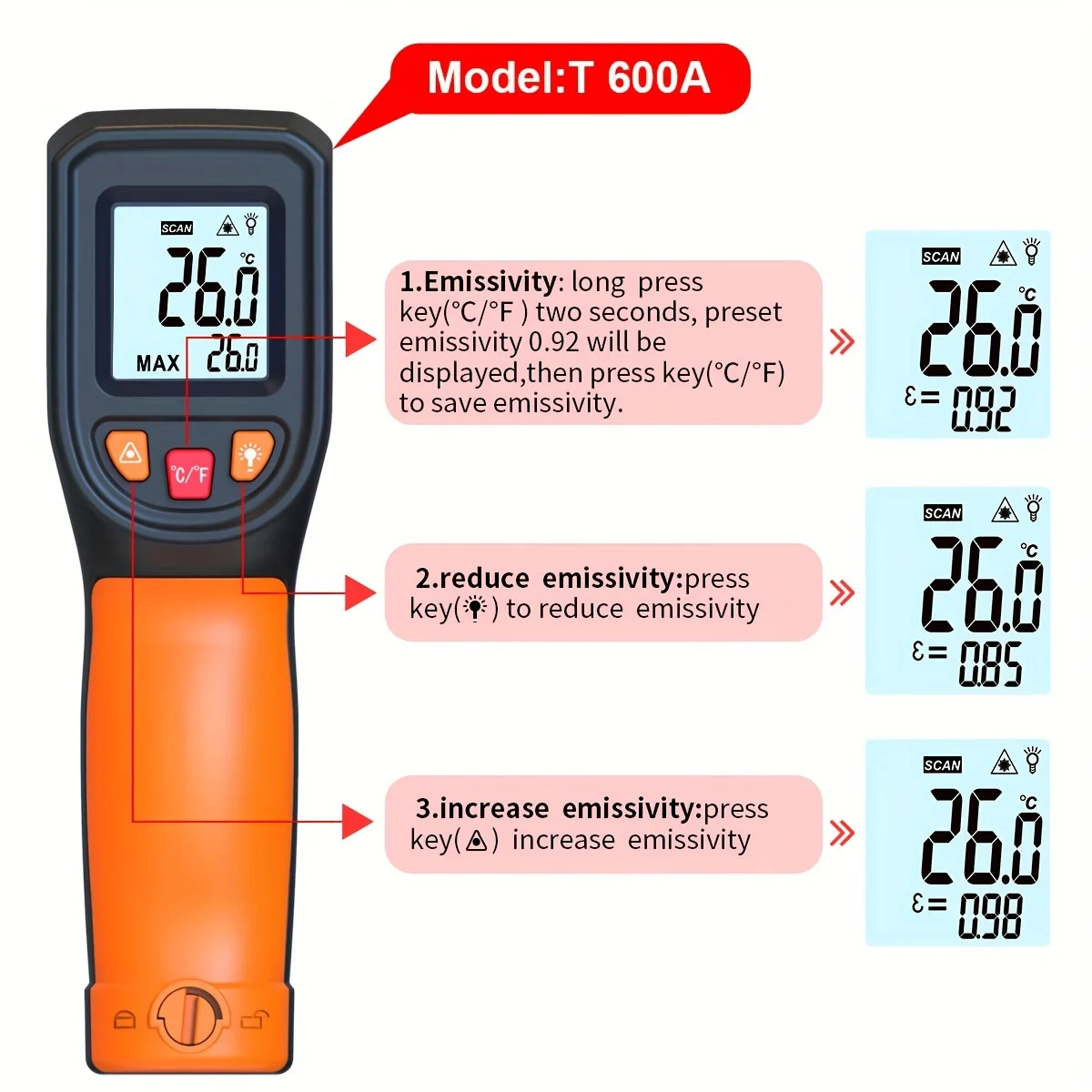 NJTY T600 T600A Infrared Thermometer Laser Temperature Gun Sensor Handheld Non-contact IR-LCD Heat Industrial Pyrometer 600 °C