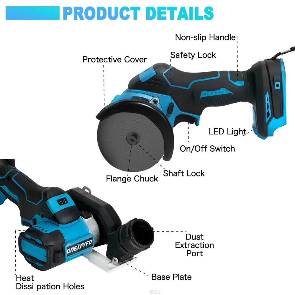 3 Inch 76mm Brushless Angle Grinder Polishing Mini Electric Circle Saw Cutting Machine with LED Display for Makita 18v Battery