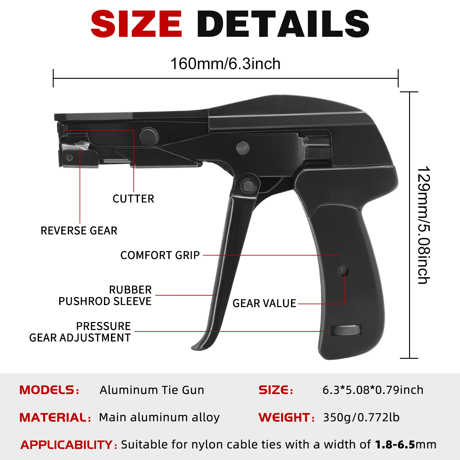 SJ-800A Aluminum Alloy Cable Ties Gun 1.8-6.5mm Wide Range,Ratchet Zip Tie Tool For Nylon Straps,Hand Tool Wire Tying Pliers