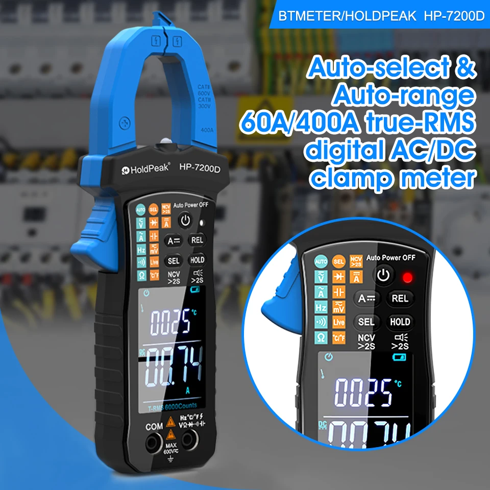Holdpeak 7200D Auto-Select & Auto-Range, 60A/400A True-RMS Digital AC/DC Clamp Meter Can Auto-Select DC & AC Voltage, AC Current