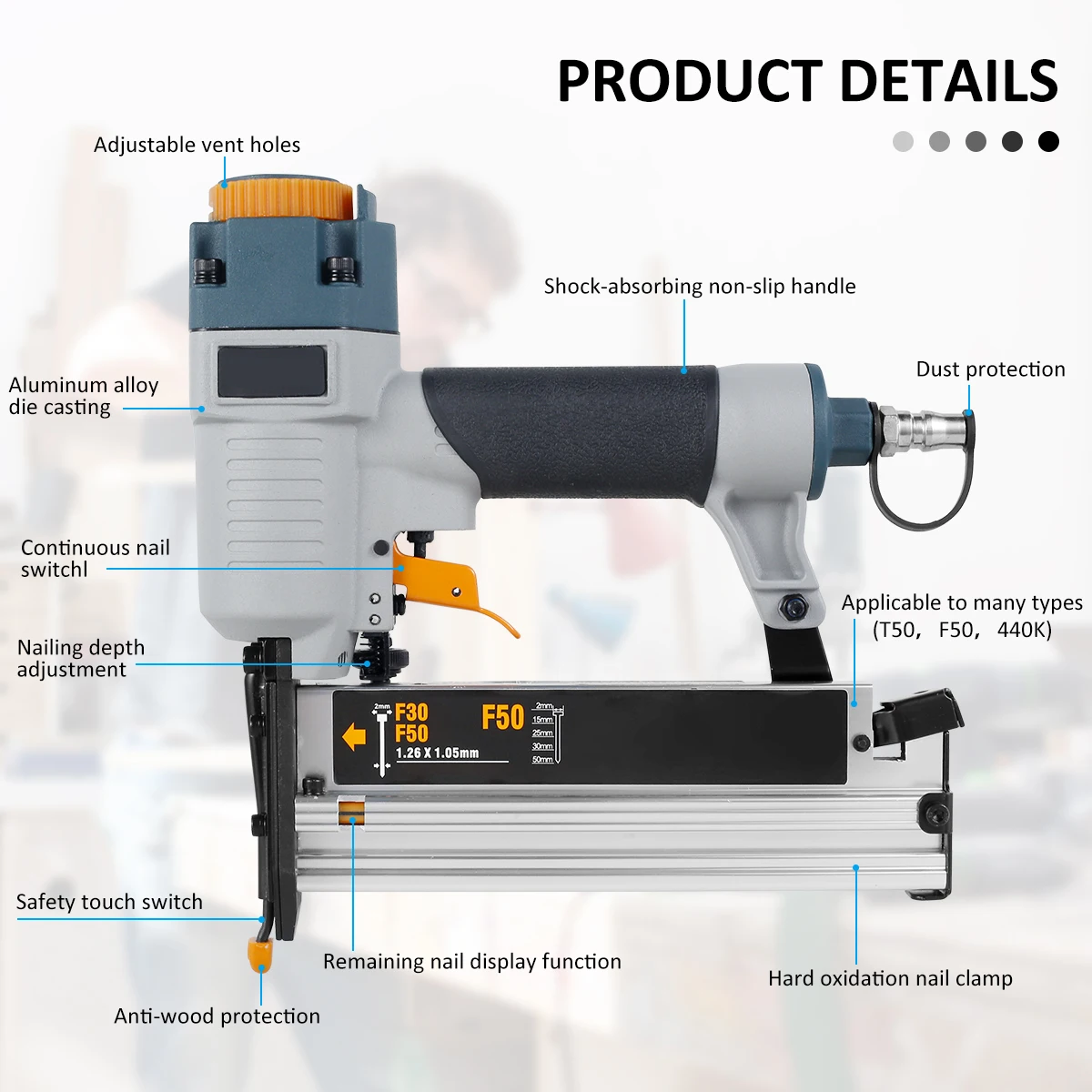 Air Nailer Carpenter Pneumatic Nail Tool T50 F50 440K 16Ga/18Ga Air Brads Nailer Nail Depth Adjustment Ergonomic and Lightweight