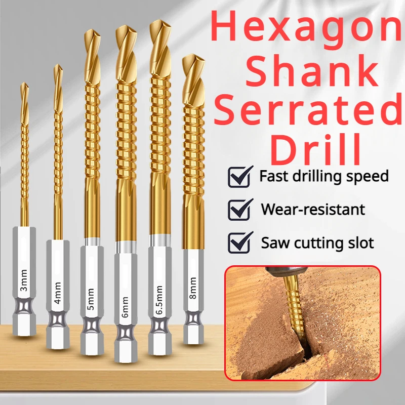 6Pcs Multifunction Drill Bits for Wood Hex Shank Metal Drill Bit Titanium Auger Punch Tools Hole Saw Kit Professional Drills