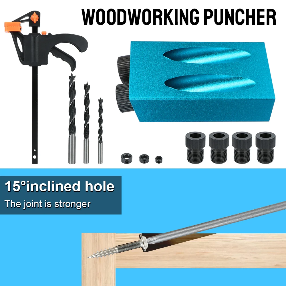 7/14/15Pcs 15 Degrees Pocket Hole Jig Kit Woodworking Hole Drilling Guide Locator With Drill Bit Set Hole Puncher